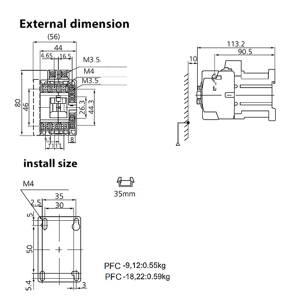 ابعاد کنتاکتور 9A DC پارس فانال