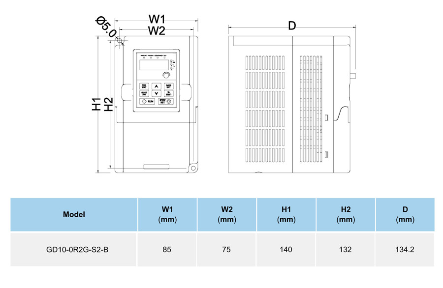 ابعاد اینورتر توان 0.2KW سری GD10 اینوت