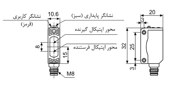 ابعاد سنسور نوری انعکاسی کانکتوردار آتونیکس