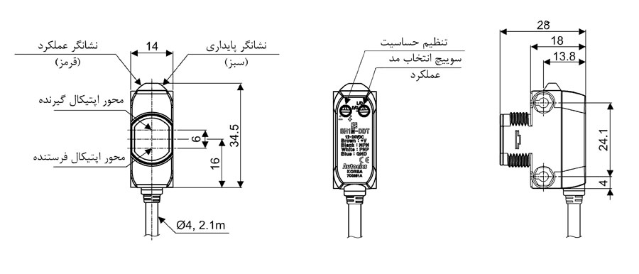 ابعاد سنسور نوری یکطرفه رفلکتوری آتونیکس