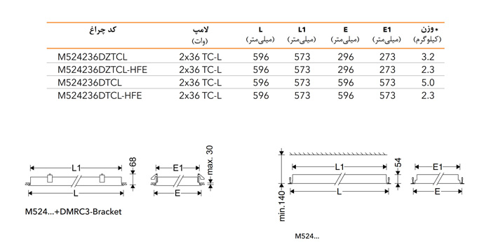 ابعاد چراغ فلورسنتی الگانت توکار مازی نور