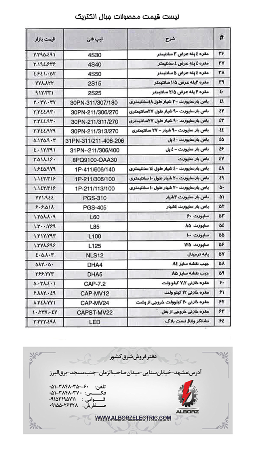 لیست قیمت جبال الکتریک