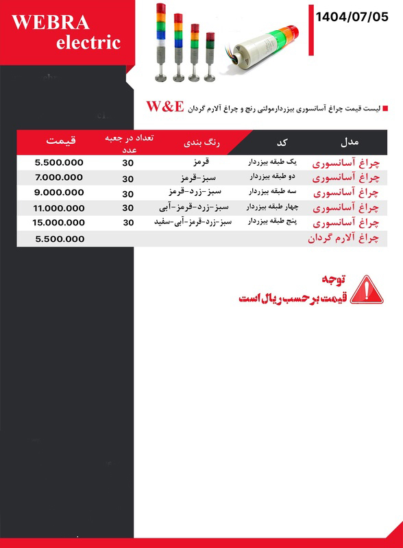 لیست قیمت W&E (وبرا الکتریک)