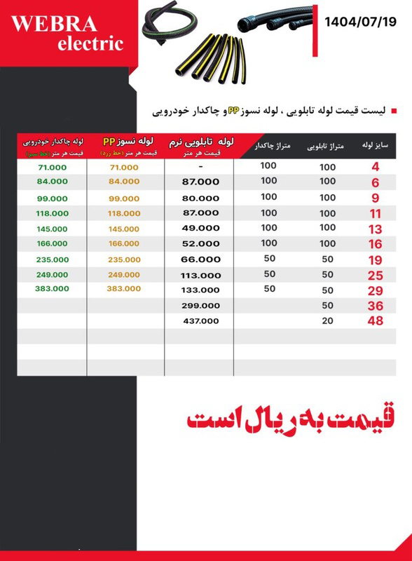 لیست قیمت W&E (وبرا الکتریک)
