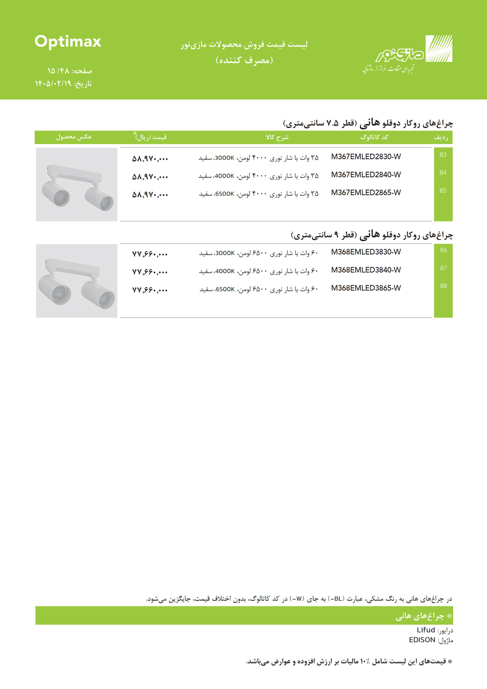 لیست قیمت اپتیمکس مازی نور