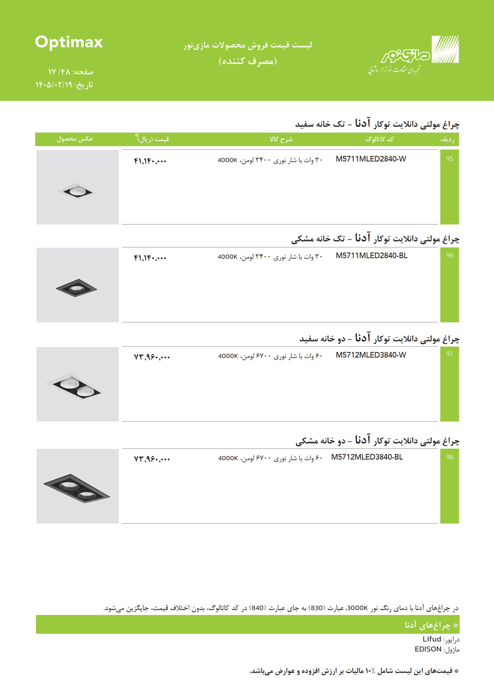 لیست قیمت اپتیمکس مازی نور