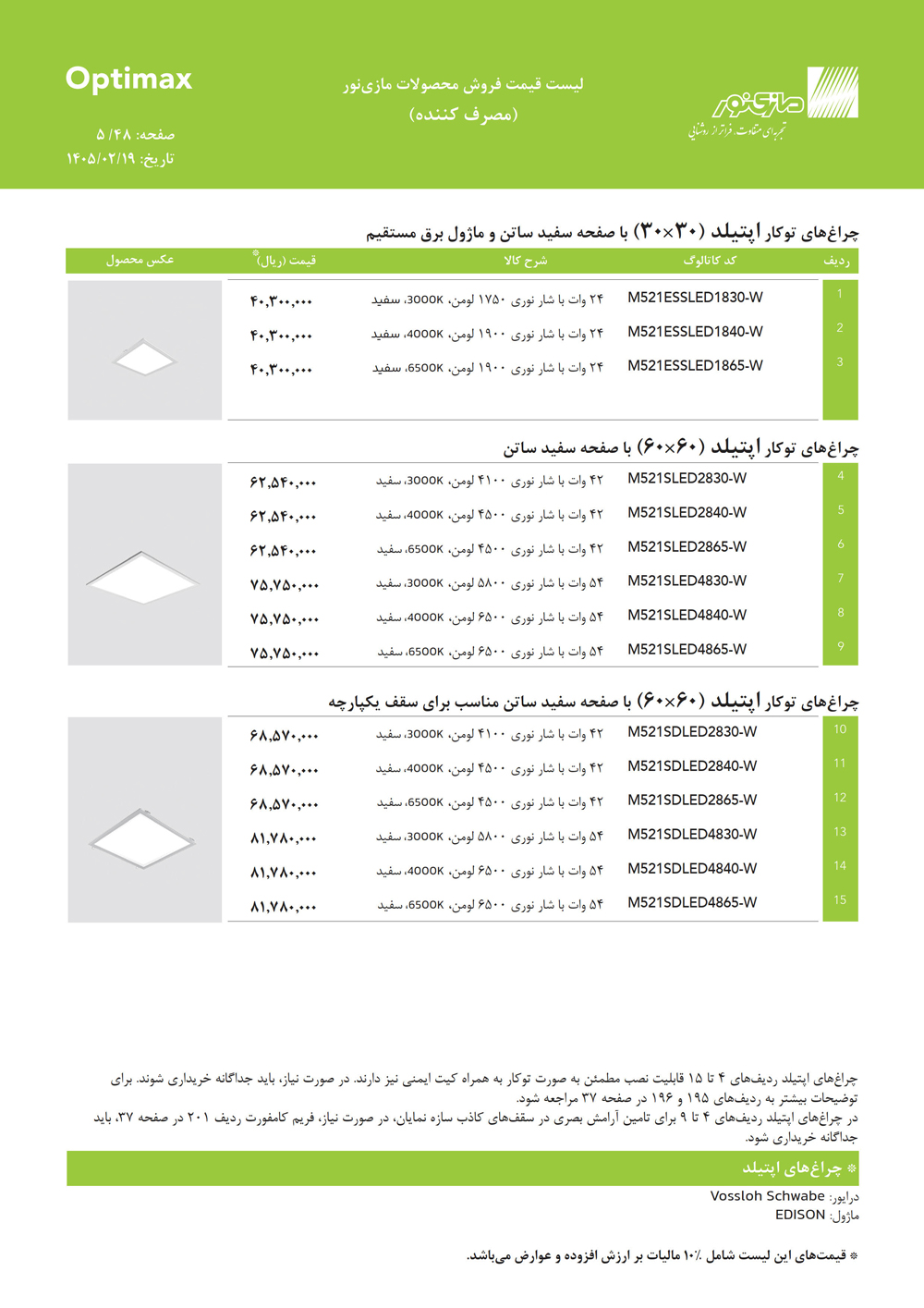 لیست قیمت اپتیمکس مازی نور