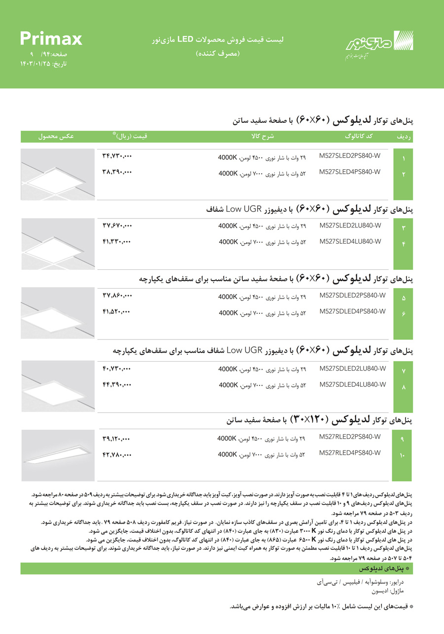 لیست قیمت مازی نور