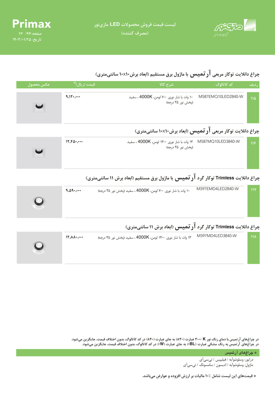 لیست قیمت مازی نور