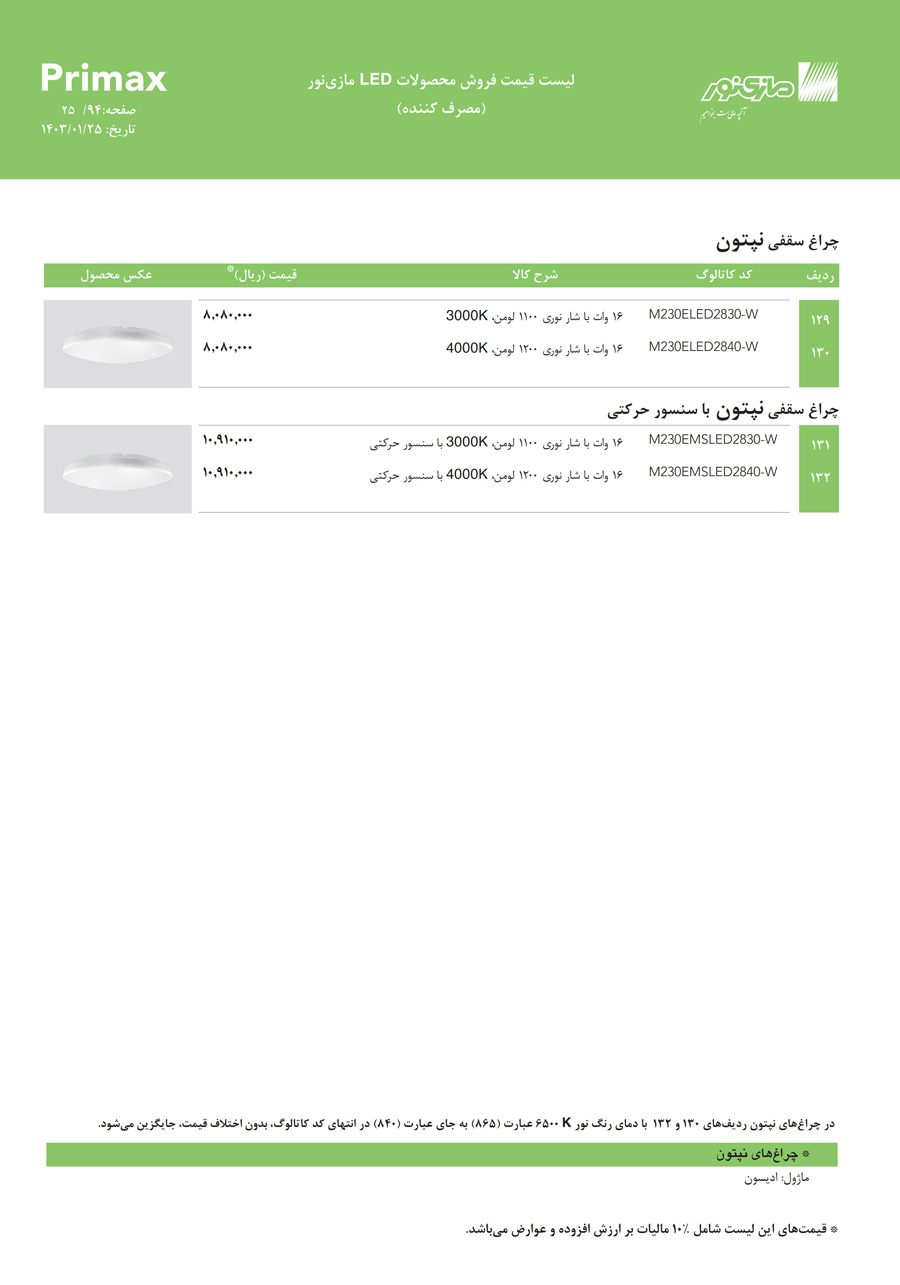 لیست قیمت مازی نور