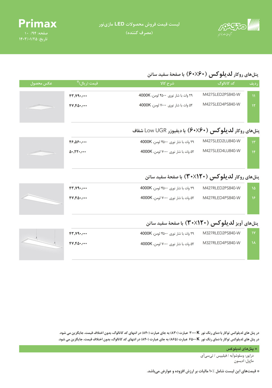 لیست قیمت مازی نور