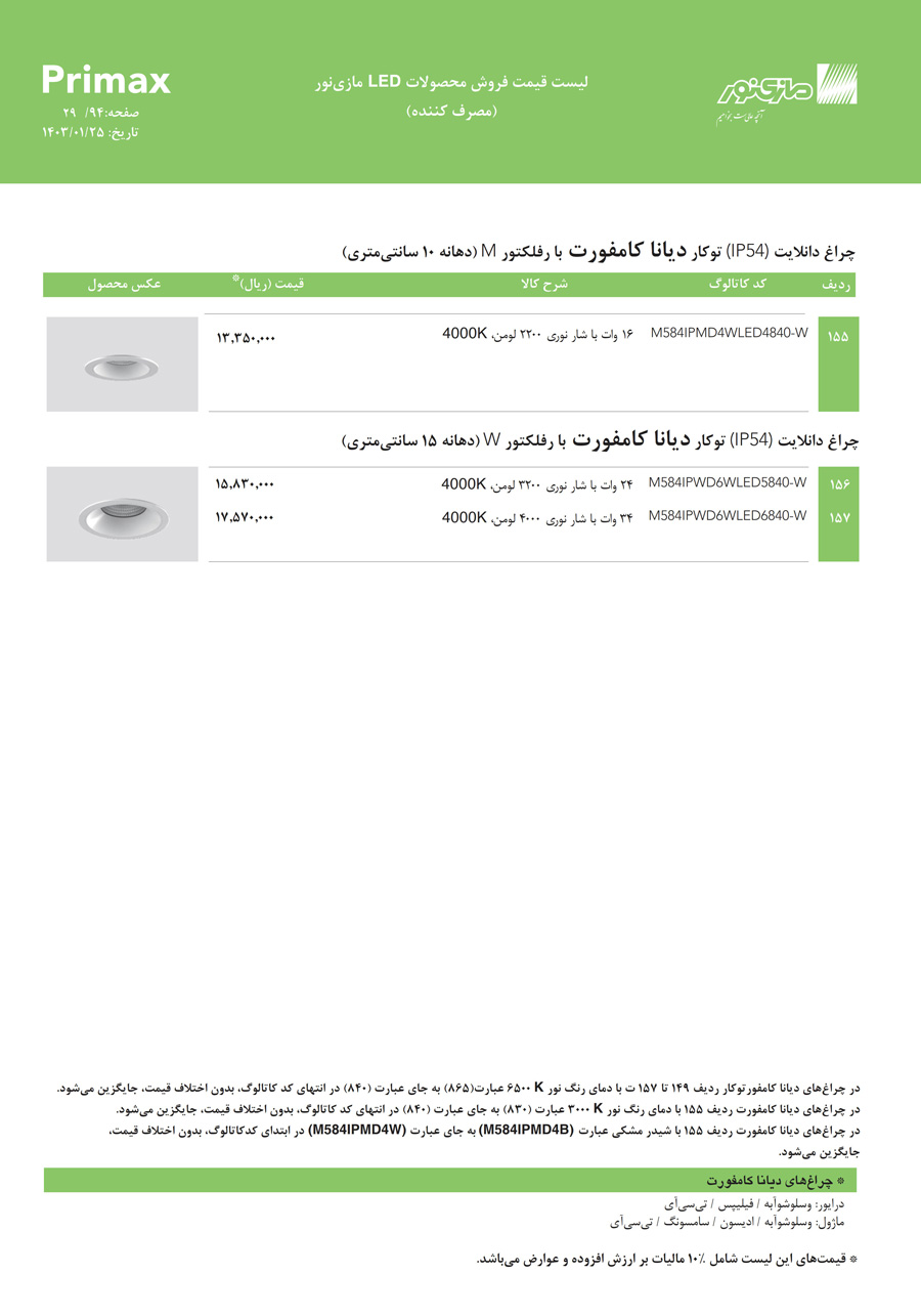 لیست قیمت مازی نور