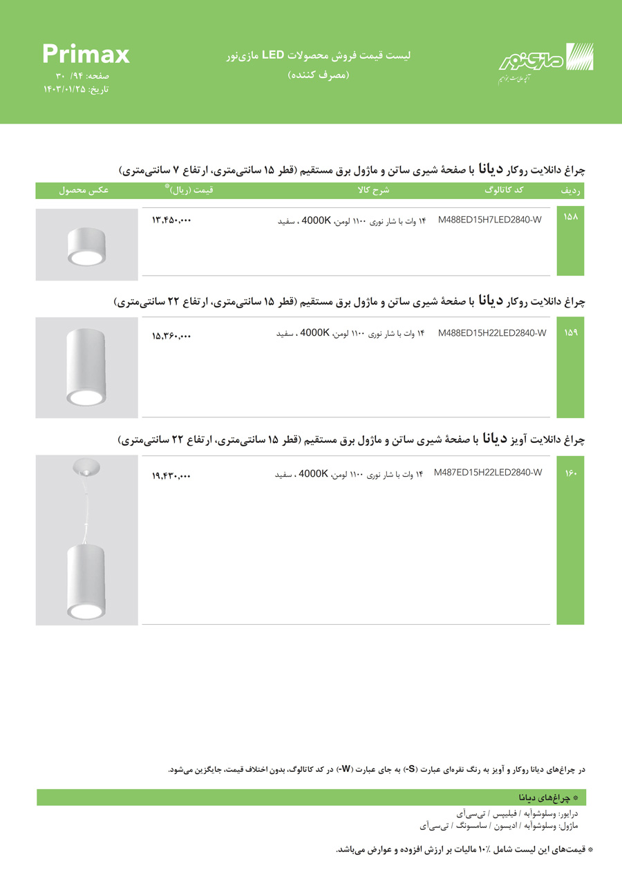 لیست قیمت مازی نور