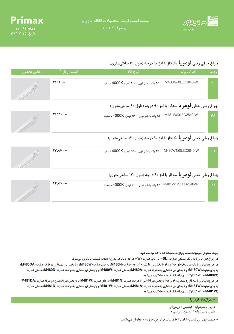 لیست قیمت مازی نور