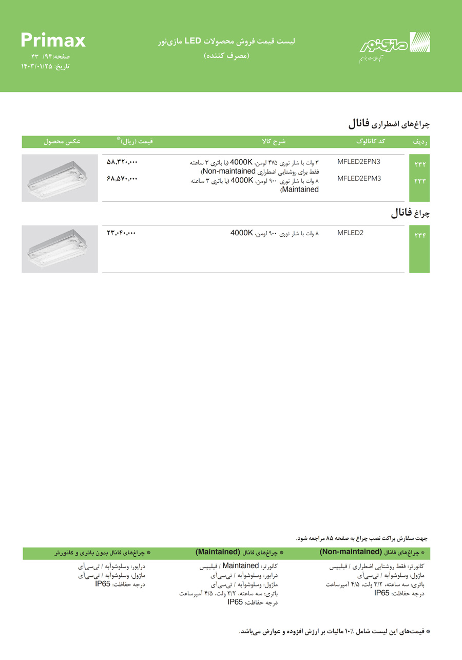 لیست قیمت مازی نور