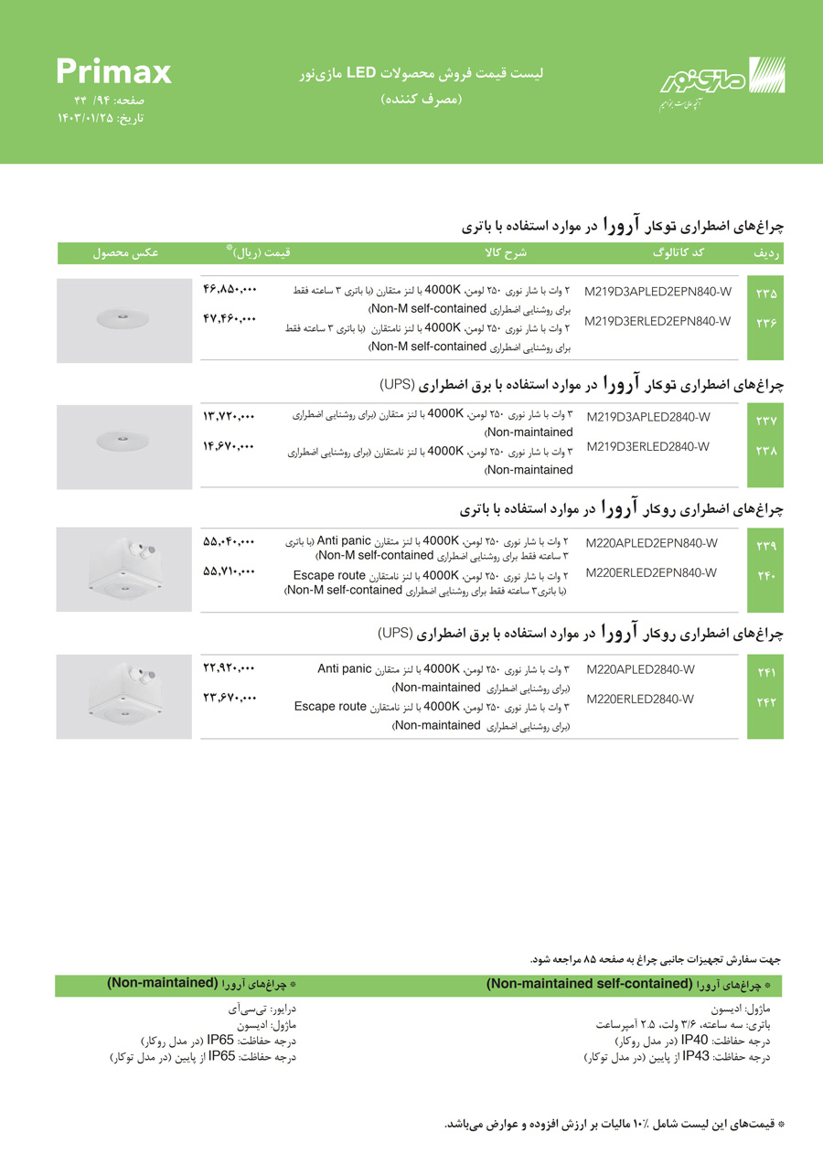 لیست قیمت مازی نور