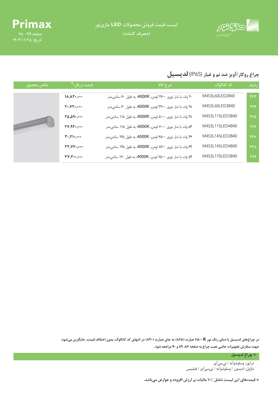 لیست قیمت مازی نور