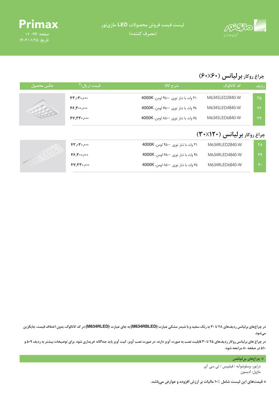 لیست قیمت مازی نور