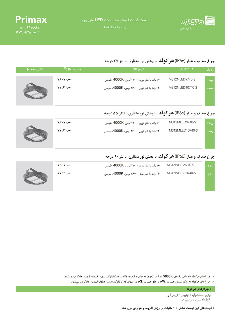 لیست قیمت مازی نور