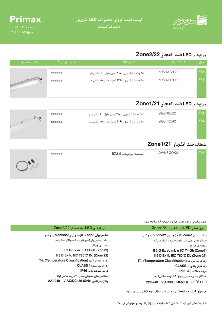 لیست قیمت مازی نور