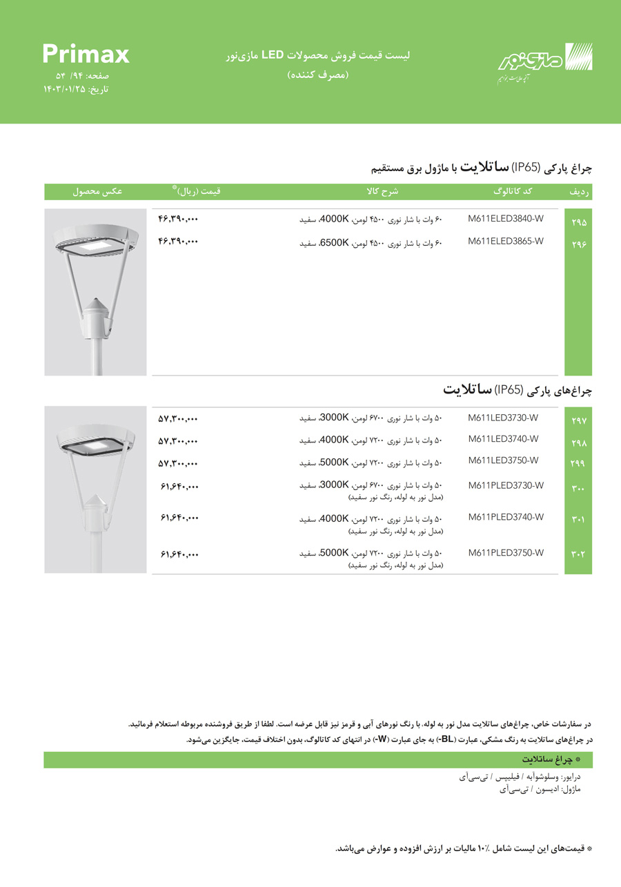 لیست قیمت مازی نور