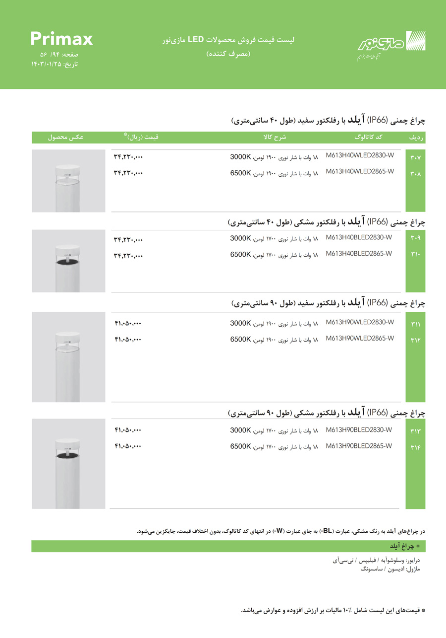 لیست قیمت مازی نور