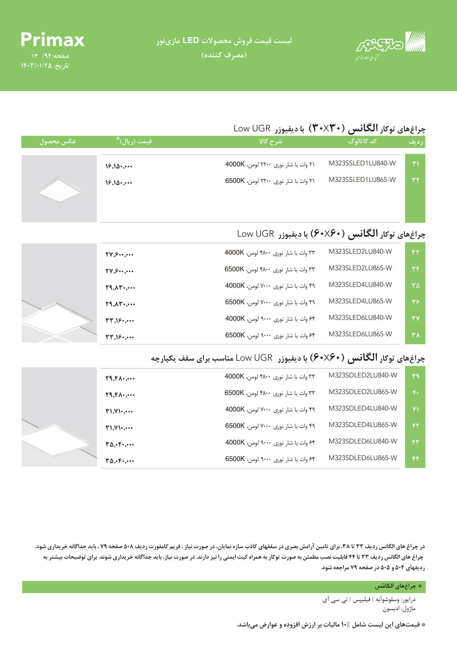 لیست قیمت مازی نور