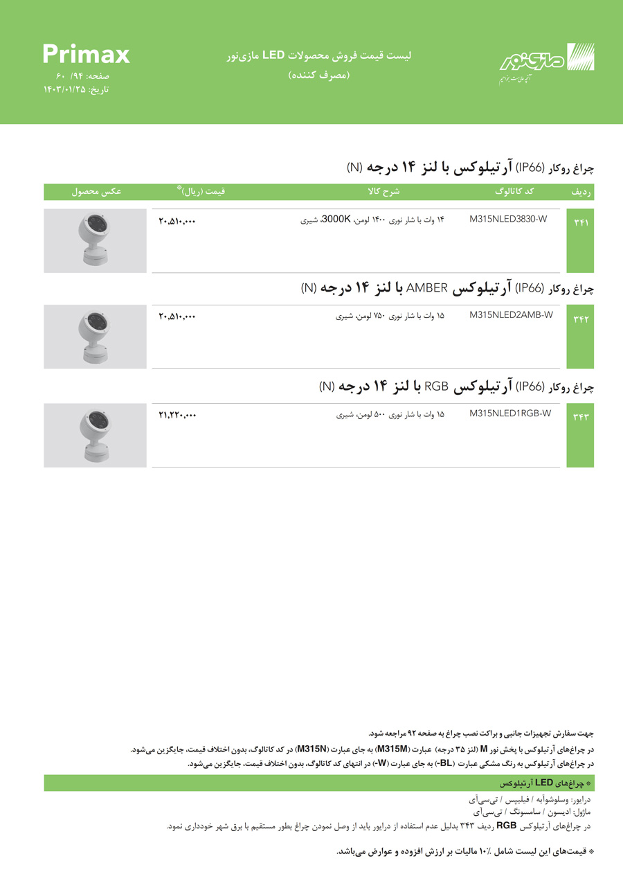 لیست قیمت مازی نور