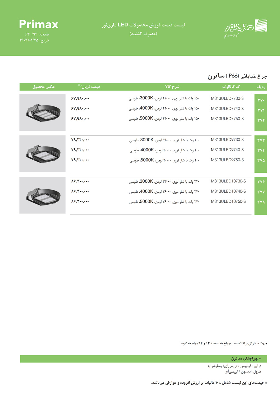 لیست قیمت مازی نور