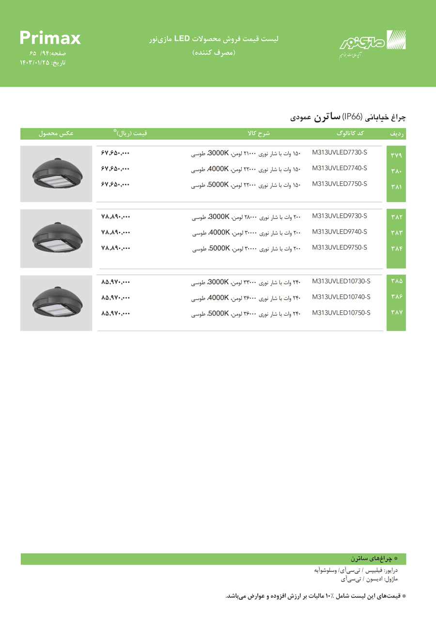 لیست قیمت مازی نور