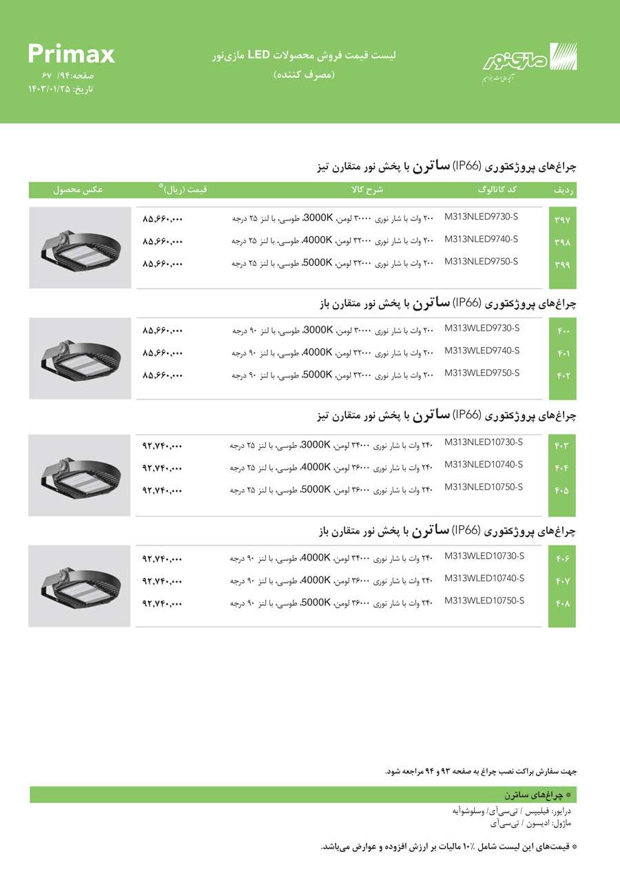 لیست قیمت مازی نور