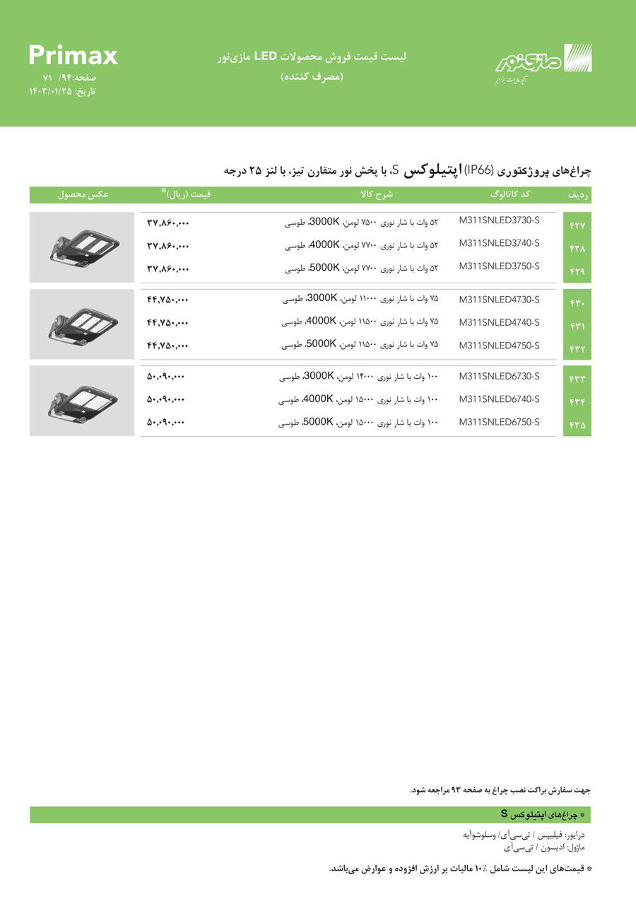 لیست قیمت مازی نور