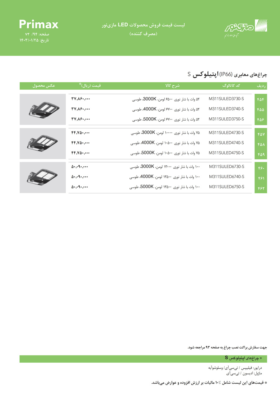 لیست قیمت مازی نور