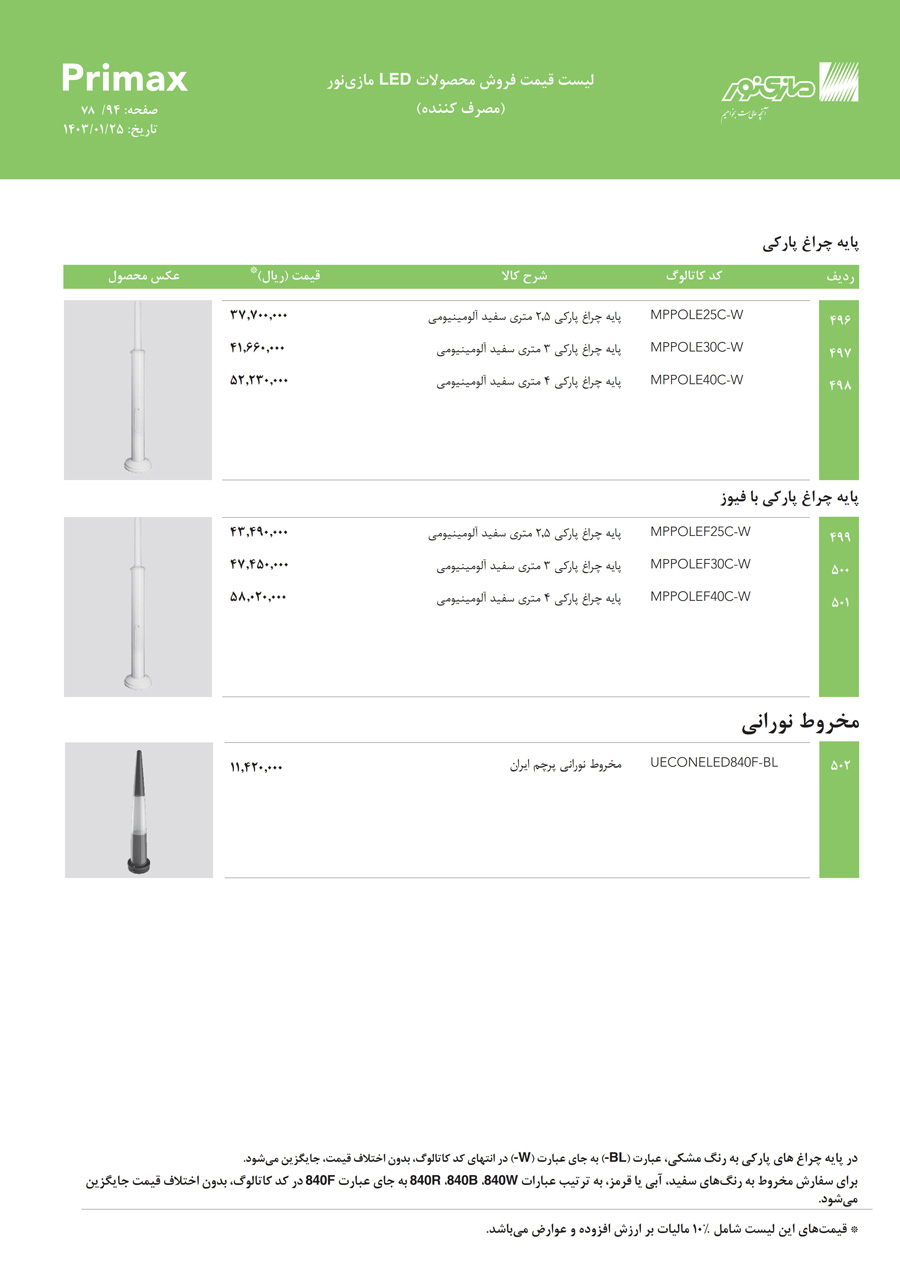 لیست قیمت مازی نور