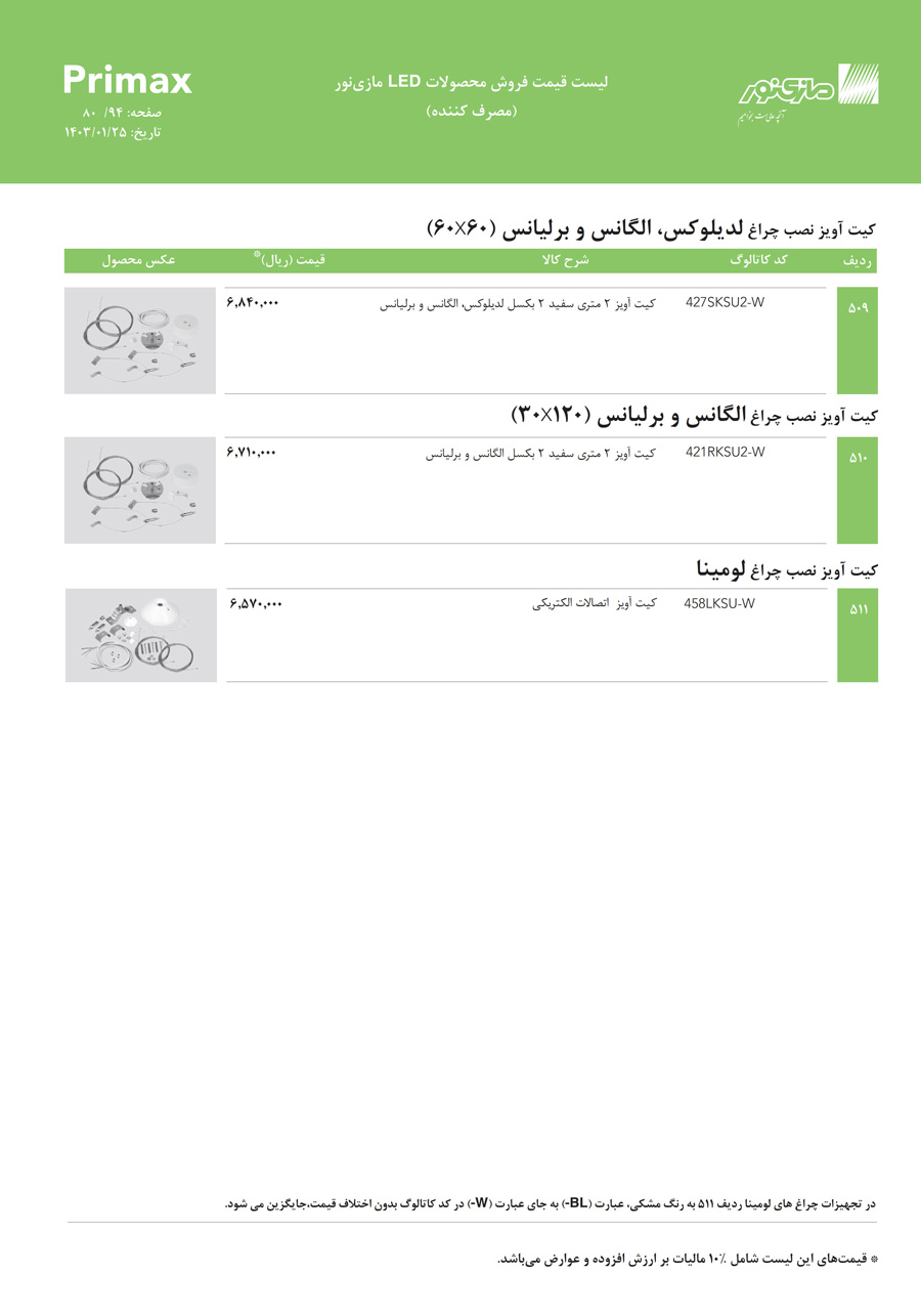 لیست قیمت مازی نور