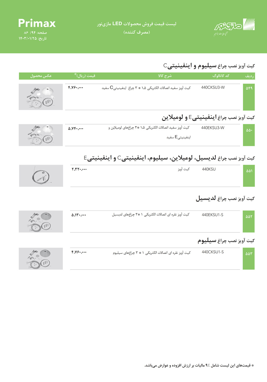 لیست قیمت مازی نور