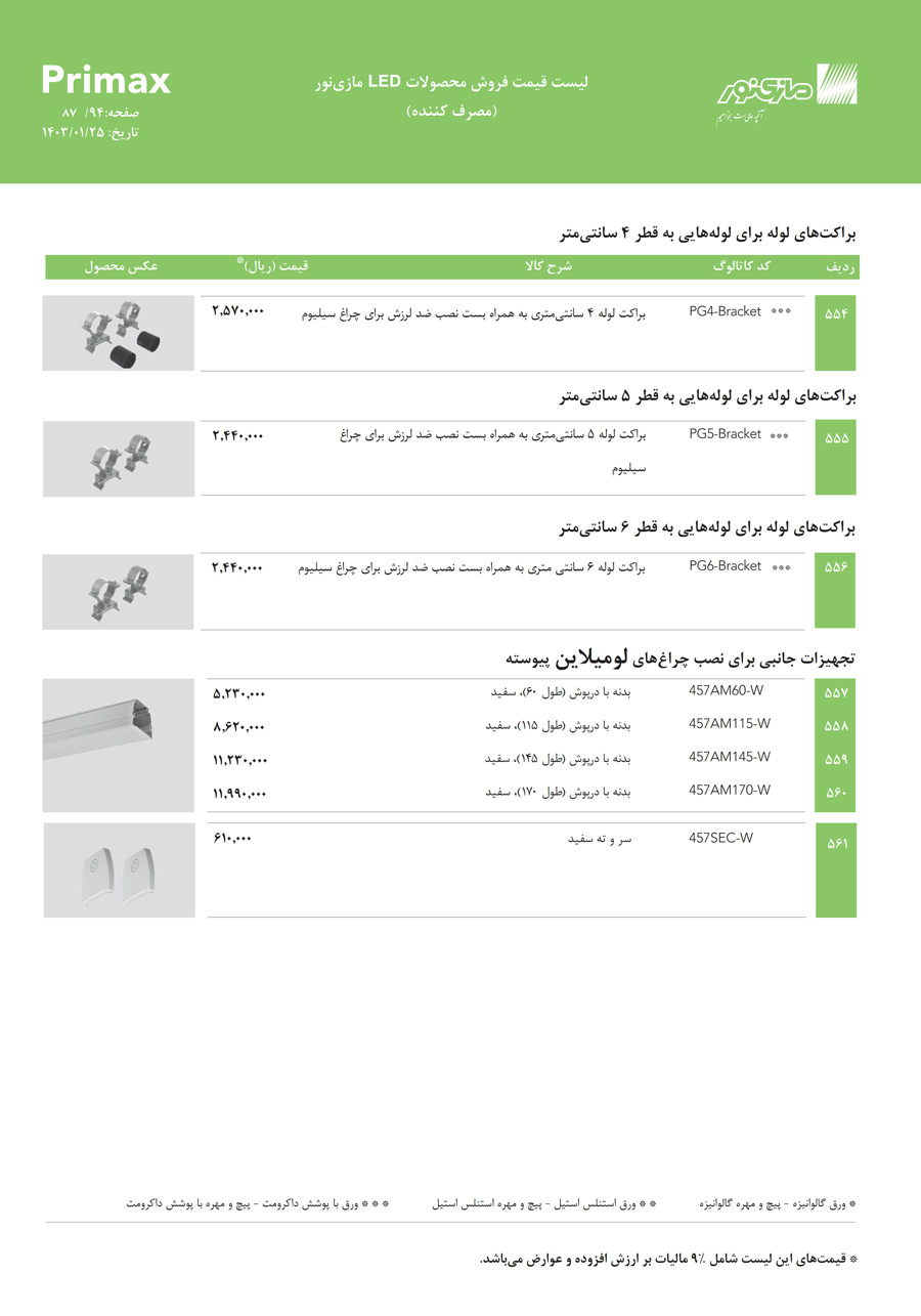 لیست قیمت مازی نور