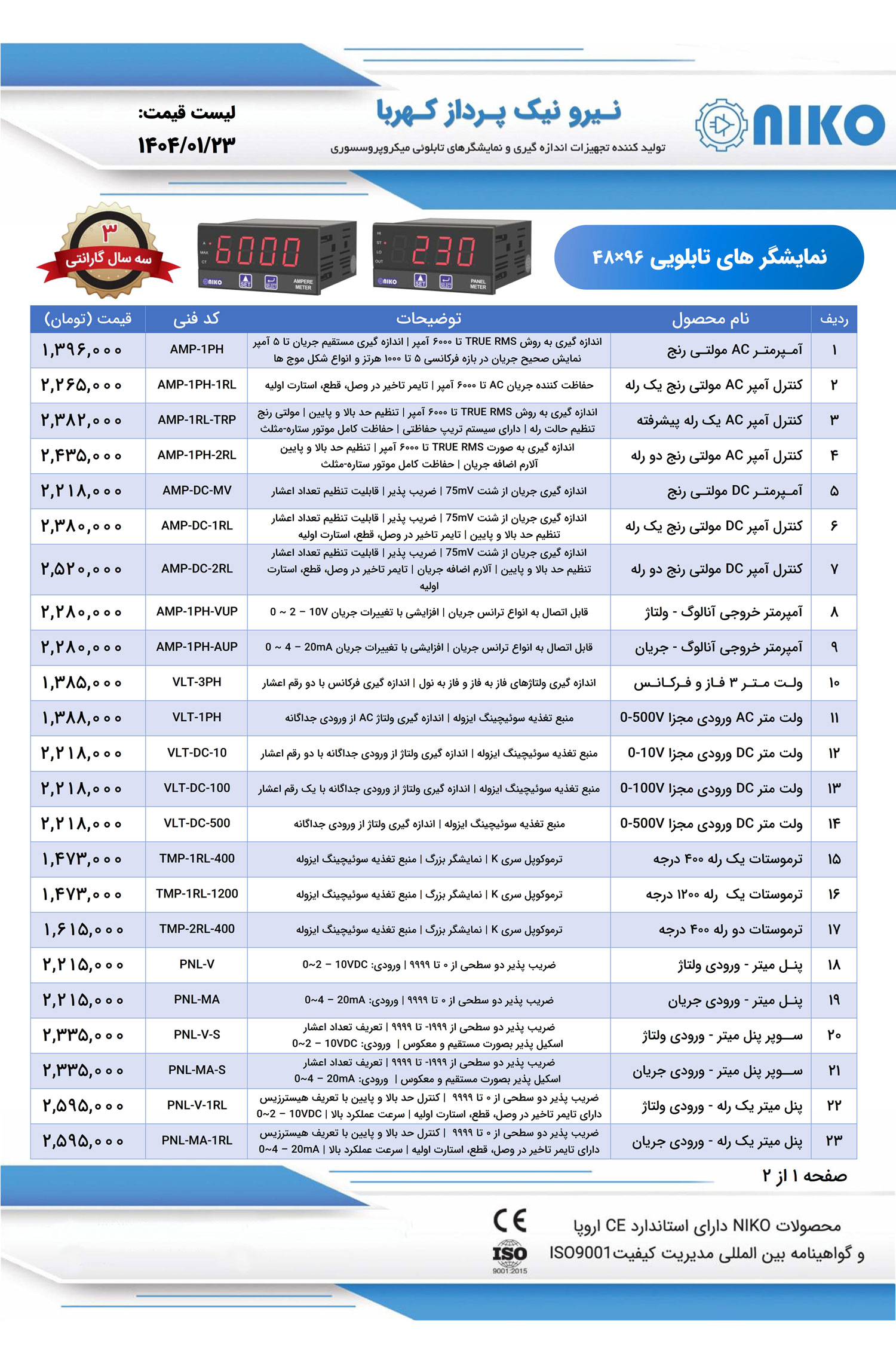 لیست قیمت نیکو (نیرو نیک پرداز کهربا)
