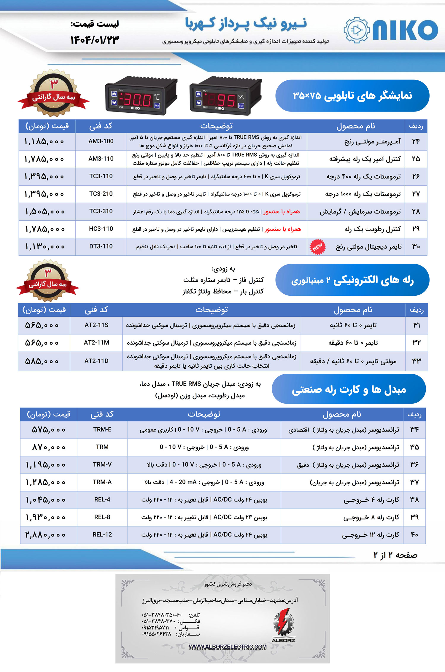 لیست قیمت نیکو (نیرو نیک پرداز کهربا)