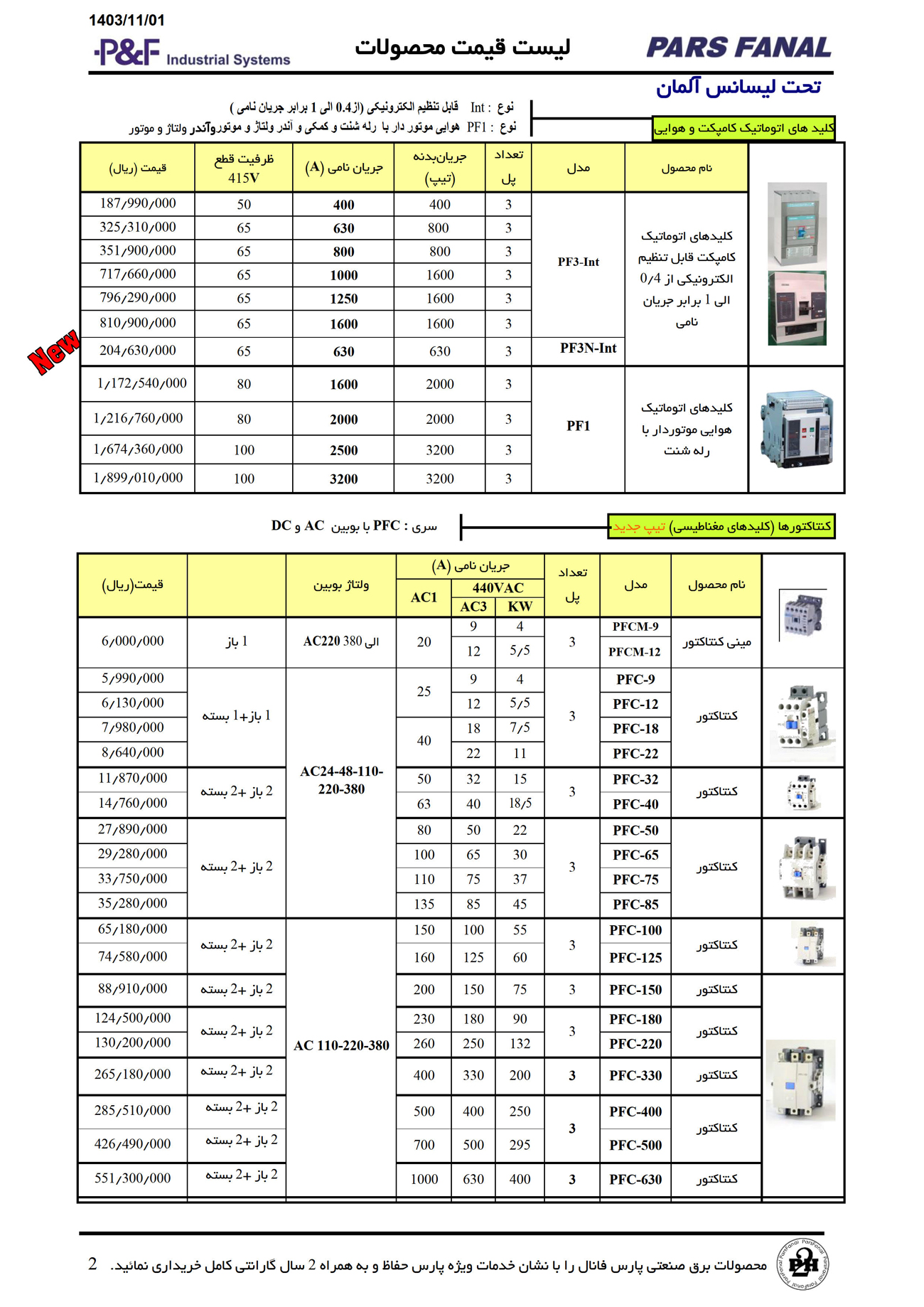 لیست قیمت محصولات پارس فانال