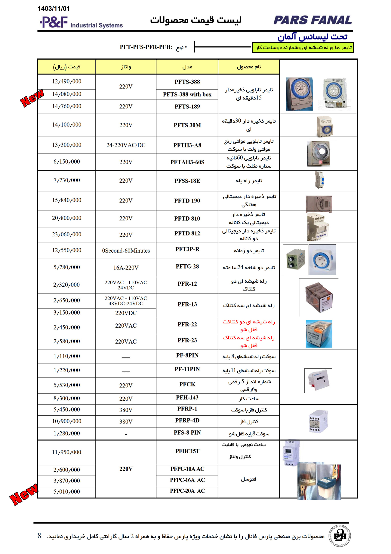 لیست قیمت محصولات پارس فانال