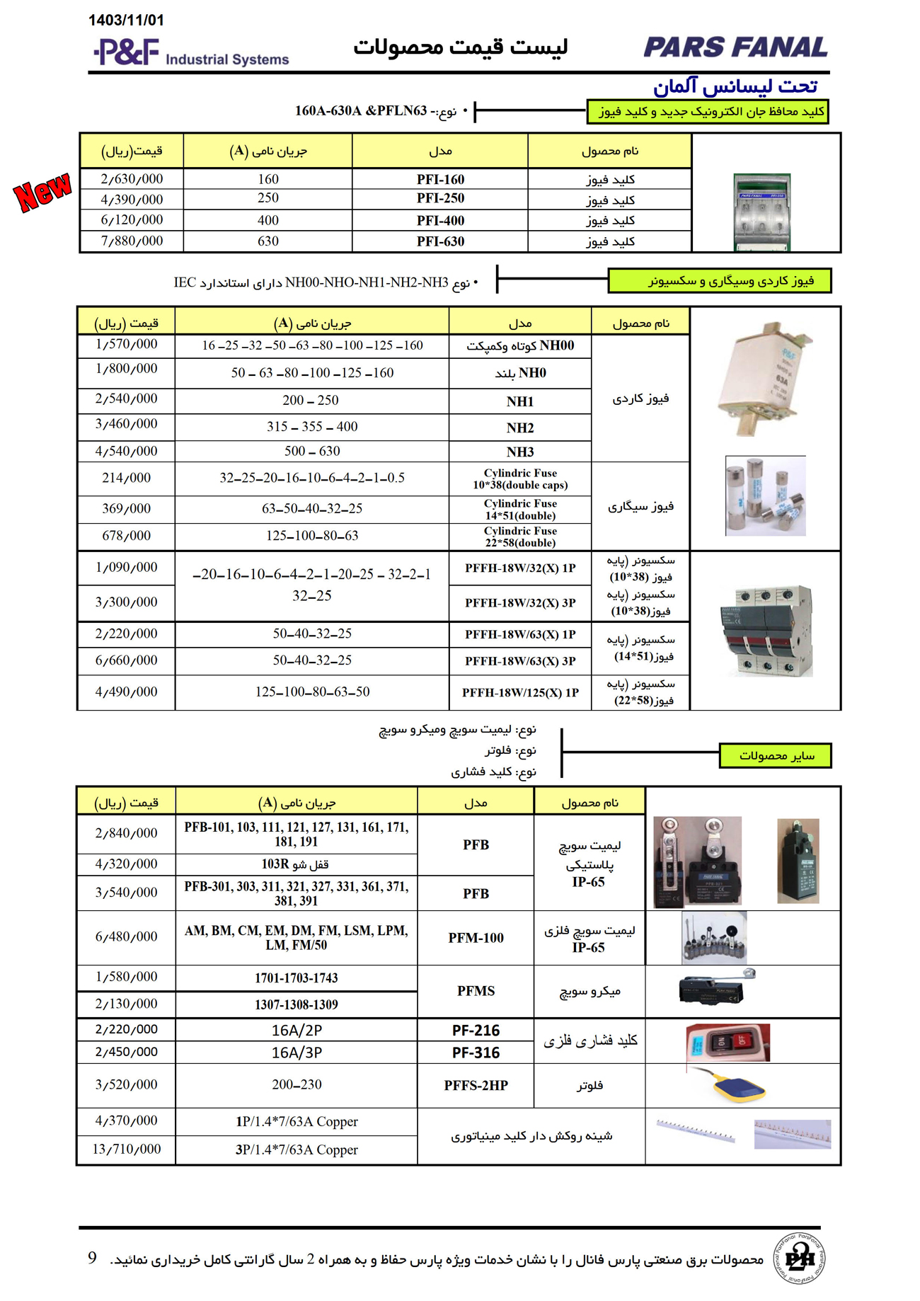 لیست قیمت محصولات پارس فانال